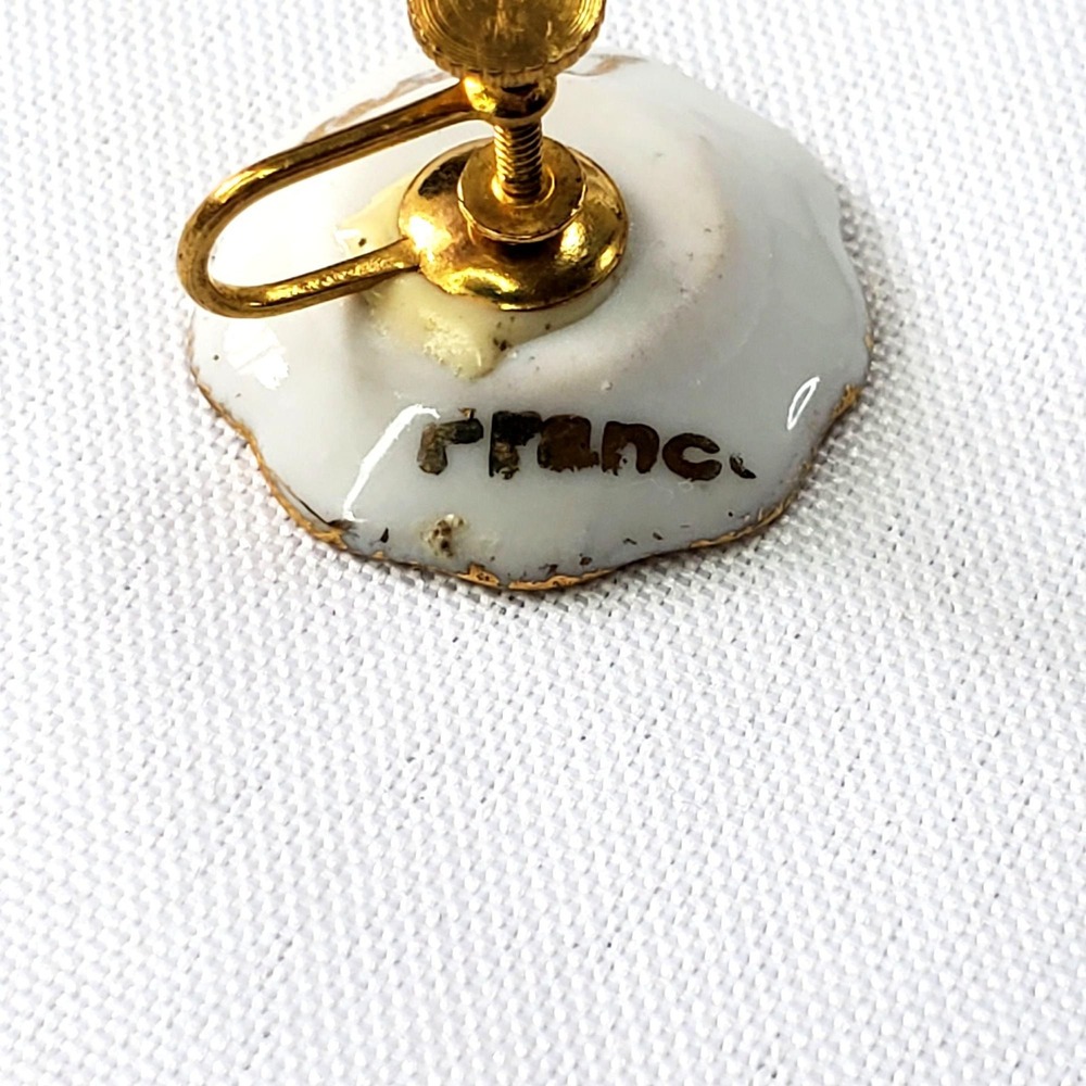 VTG Limoges France Porcelain Screw-Back Earrings Hand Painted Gilt Floral Design - Picture 6 of 7